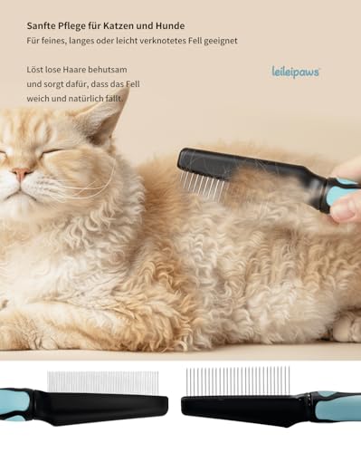 LeileiPaws Entwirrkamm & Breitzahnkamm für Hunde & Katzen – Fellpflegekamm gegen Knoten, lose Haare & Schmutz – Edelstahlzähne, ergonomischer Anti-Rutsch-Griff, für Langhaar & Lockiges Fell Haustiere