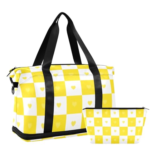 Buffalo Plaid Check Gold White Heart Gym Tote Bag Sport Training Bag with Adjustable Strap for Gym Multifunctional