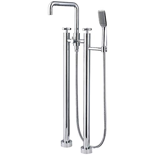 Robinet de baignoire autoportante double poignée avec douchette à main eau chaude et froide