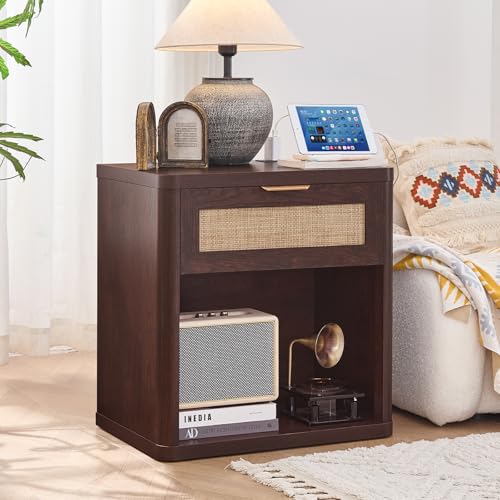 Image of LEYAOYAO Rattan 23 inch Nightstands with Charger for Bedroom