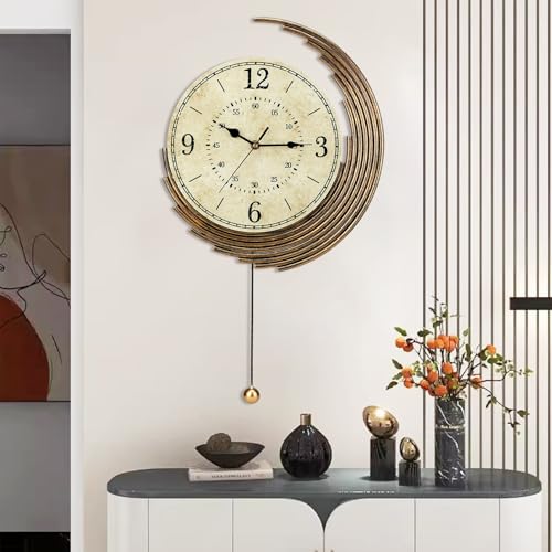Decorative Wall Clocks with Pendulum,Silent Quality Quartz Movement Battery Operated,Vintage Wall Clock for Living Room,Kitchen,Home,Bathroom,Bedroom Wall Decor,13x22inch,Retro Golden
