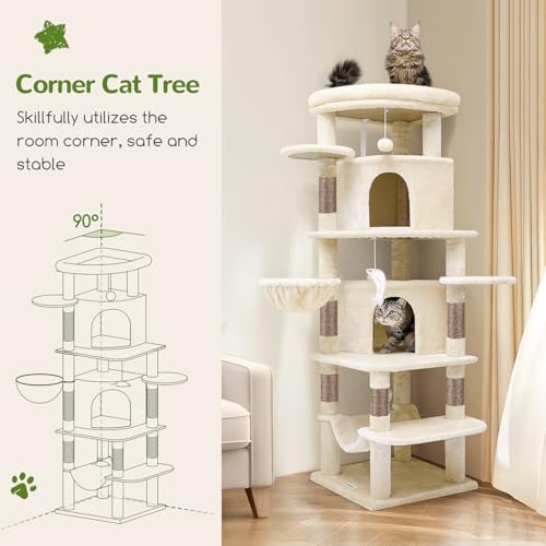 Image of Globlazer Corner Cat Tree for Large Cats, 66inch Tall Curved Series Large Cat Tower for Multiple Indoor Cats with 6 Scratching Posts, 2 Spacious Cat Condos, Hammock, Hanging Basket, C66, Beige