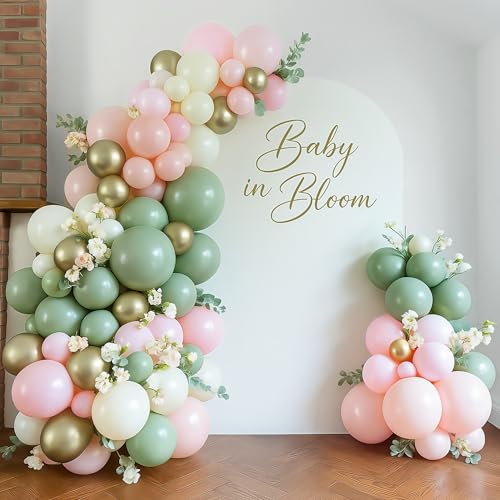 Image of Baby in Bloom Balloon Arch Kit, 134Pcs Dusty Sage Green and Pastel Pale Pink Cream White Beige Light Gold Floral Balloon Garland for Girls Boho Baby Shower Flower Birthday Garden Tea Party Decorations