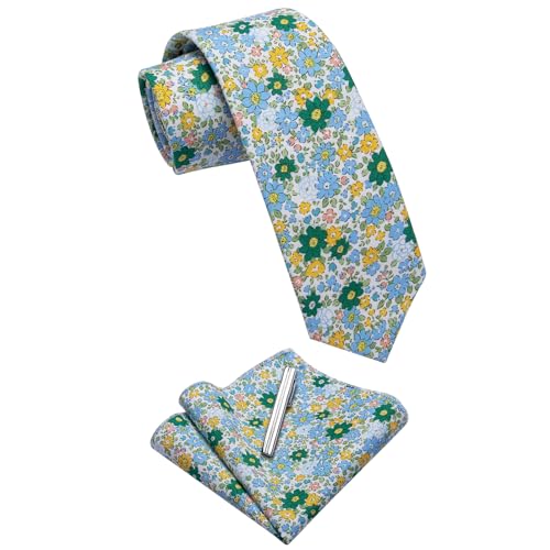 Image of YourTies Cotton Floral Tie for Men 2.5 inch Printed Skinny Necktie Pocket Square Tie Clip Set Flower Wedding Party Groom