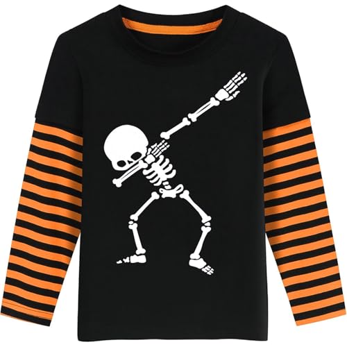 Toddler Boy Girl Halloween Shirt Pumpkin Long Sleeve Stripe Patchwork T-Shirt Baby Glow in The Dark Skeleton Tee Top 2-7T