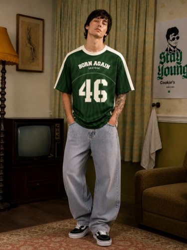 Image of LEOTUDE Men's Graphic Printed Oversized Jersey | Sports & Gym Wear | Half Sleeve Round Neck | Casual Streetwear | Loose Fit T-Shirt for Men's (Color : Green)