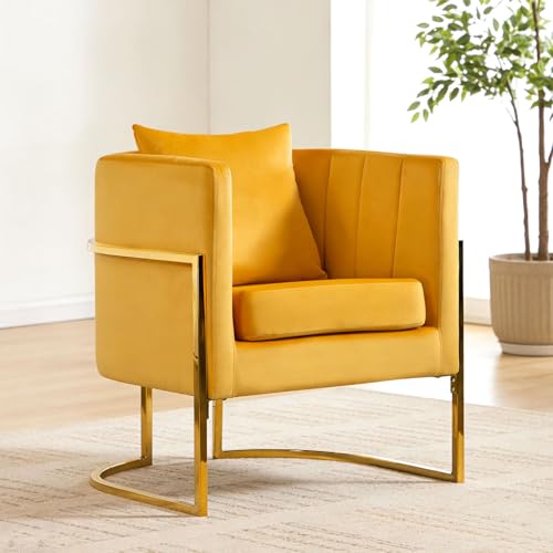 LONWIK Modern Velvet Barrel Armchair with Lumbar Pillow, Mid-Century Upholstered Accent Chair for Living Room, Bedroom, Single Sofa Club Reception Chair with Golden Metal Legs, Yellow