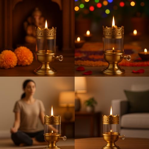 Image of Pure Source India Brass Akhand Diya 9 Inch with Glass Chimney | Long-Lasting Oil Lamp for Pooja, Mandir & Diwali Decoration | Smokeless Flame, Windproof Deepak with Crystal Knob