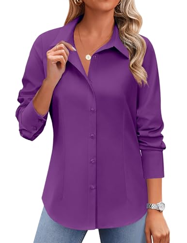 Zeagoo Camisas sociais femininas de botão, caimento justo, manga comprida, gola redonda, sem rugas, para trabalho e escritório, Roxa, G