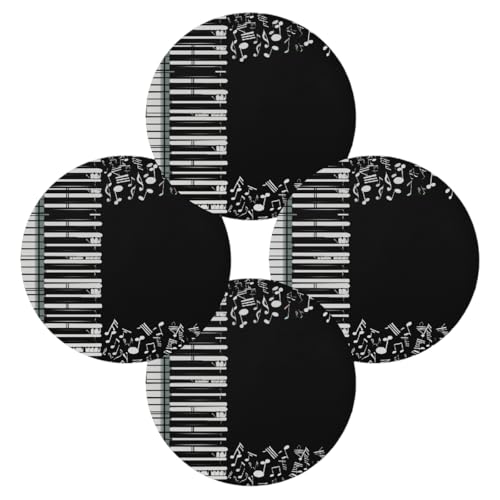 Piano Keys Musical Notes Black Round Placemats Set of 4, Place Mats 15 Inch Table Mats for Kitchen Dining Party Decoration