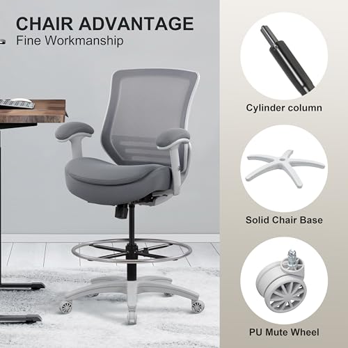 Image of 400lbs Office Drafting Chair Wide Dual Seat Cushion Height Adjustable Armrest for High Standing Desk with Lumbar Support and Enlarged Adjustable Footrest (Light Gray Frame Light Gray Fabric)
