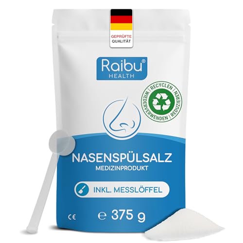 Raibu Nasenspülsalz für Nasendusche 375g in Nachhaltige Verpackung. Dosierlöffel Veganes Nasensalz Deutsche Produktion Salz für Nasenspülung 150 Portionen