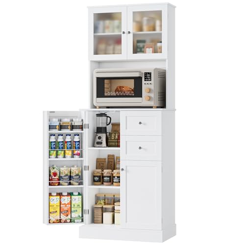 HOCSOK 182.5cm Buffet Haut Cuisine, Armoire Cuisine avec 4 Portes et 2 Tiroirs, Meuble de Rangement avec Etagères Réglables, Vaisselier Vitrine, Blanc