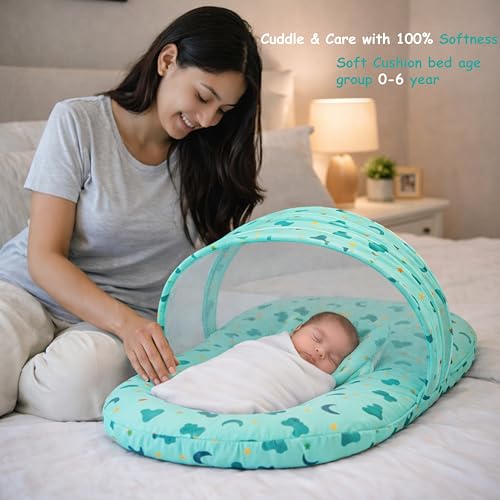 Image of Fareto Combo of Baby Bed with Net | Carry Bag | 4 Pcs Bedding Set (0-6 Months, Baby Size, Cotton) (Cloud Green)