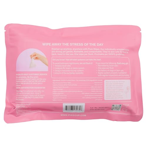 Image of Pixie Feminine Wipes - Naturally Scented Rosewater + White Tea - Flushable, Biodegradable & pH Balanced - Individually Wrapped Wipes for On-The-Go - Cleaner for Menstrual Cups & Discs (2 Packs of 20)