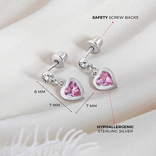 925 Sterling Silver Dangle Cubic Zirconia Heart Safety Screw Back Earrings For Young Girls -Heart Dangle Earrings With Security Backs For Young Children4
