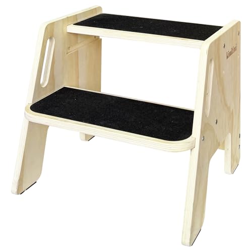 Dual-Height Wooden Step Stool for Kids & Adults, 300 LBS Capacity with Non-Slip Pads & Handles, Natural Toddler Step Stool for Kitchen, Bathroom, Bedroom, and Sink Use
