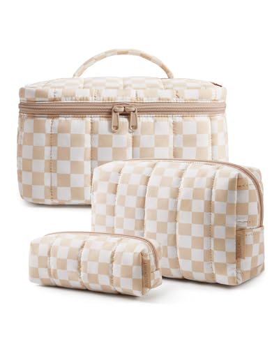 Image of BAGSMART Travel Makeup Bag Set, Puffy Cosmetic Pouch, Checkered Khaki
