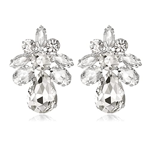 BriLove Clip-On Earrings Elegant Stunning Teardrop Crystal Rhinestone Cluster Statement Jewelry for Women Party Prom4