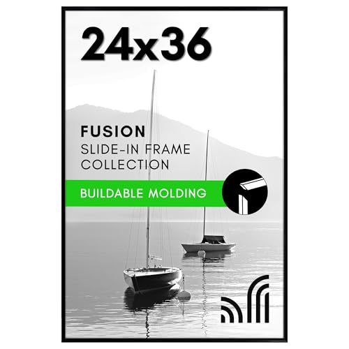 Americanflat 24x36 Poster Frame with Polished Front Cover - Slide-In Photo Frame with Buildable Molding - Fusion Collection - Picture Frames for Wall Display - Black