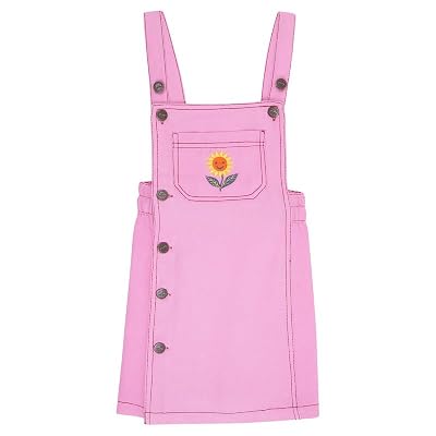 superminis Girls Cotton Twill Solid Color Dungree Dress with Embroidered Pocket (Pink, 7-8 Years) (1 Dress)