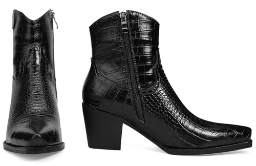 Women's Western Ankle Boots with Side Zip, 2.5-Inch Block Heel, Embroidered Pointed Toe for Casual and Concert2