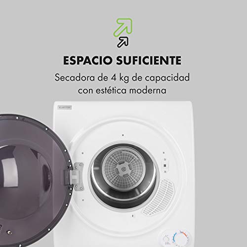 Klarstein-Jet-Set-4000-Secadora-de-ropa-Carga-frontal-Potencia-1400-W-Independiente-EEC-C-4-kg-Resistencia-de-PTC-Calor-de-hasta-60-C-Programable-de-20-a-200-minutos-Compacta-Blanco