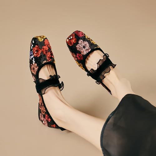 Mesh Mary Jane Ballet Flats Women Sequins Flower Square Toe Flats Ladies Comfortable Embroidered Slip on Soft Ballerina Shoes2