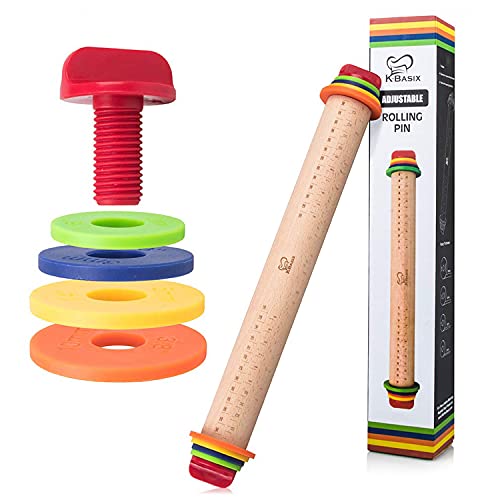 K BASIX Adjustable Rolling Pin with Thickness Rings Dough Roller with 4 Multi-Color Removable Rings Measuring Guides for Baking Cookies Dough Fondant Pastries Pancake Pizza Pie Pasta Bread