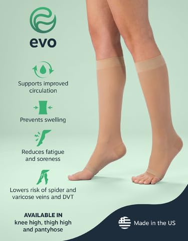 Image of EvoNation Women's Sheer Compression Support Pantyhose 20-30 mmHg Open Toe | Sheer nylon-spandex fabric with double-plush waistband, wide toe box, reinforced heel and open toe for all-day comfort
