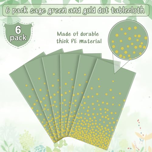 Image of 6 Pack Sage Green and Gold Plastic Tablecloth, Green Disposable Table Cloth for Rectangle Tables, Gold Stamping Dot Light Green Tablecloth for Baby Shower Birthday Wedding Party Decorations, 54 inchx108 inch