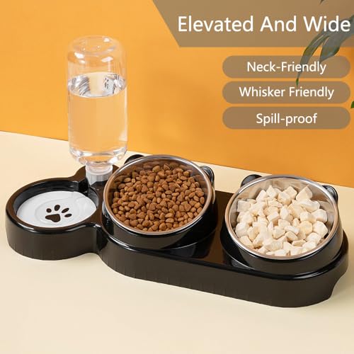 Katzennapf & Hundenapf Set, 3-in-1 Katzen Futternapf mit Wasserspender, Erhöhte Schüssel Edelstahl mit Ständer, Futterstation für Katzen und Kleine Hunde, Schwarz