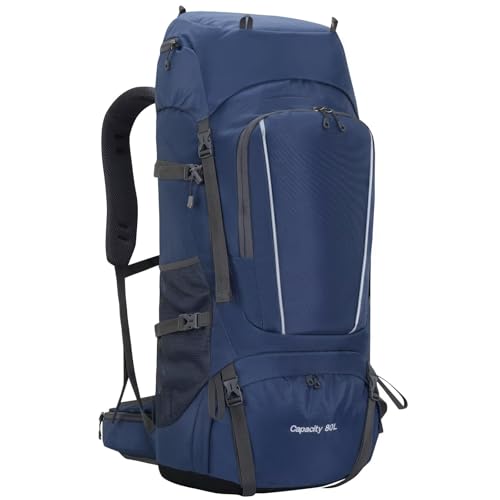 Ezmina 80L Hiking Backpack with Rain Cover Large Camping Rucksack for Men Women Lightweight Travel Backpacking Waterproof Trekking Bag Hiker Daypack for Touring Climbing Outdoor Sport Mountaineering