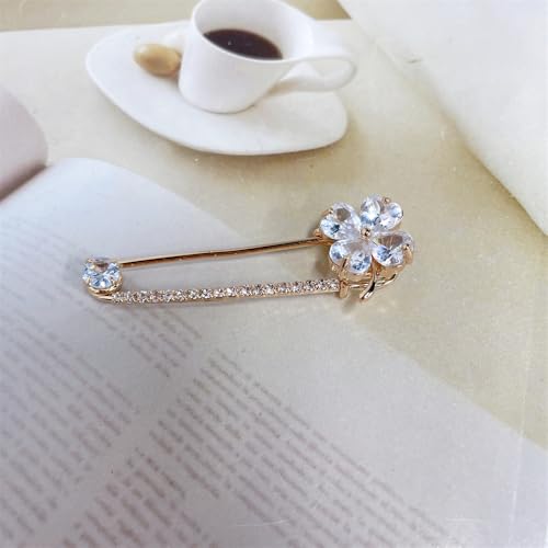 Image of Dainty Clover CZ Brooch Safety Pins Clip Scarf Sweater Shawl Waist Pants Luxury Sparkly Rhinestones Brooches for Collar Dress Skirt Suit Fashion Jewelry for Shamrock Party Birthday 2.2in