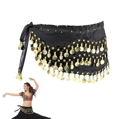 Homefantasy Ceinture Danse Orientale Femme, Ceinture De Costume De Danse du Ventre Suspendue en Mousseline avec d'or, pour Spectacles, Fêtes, sur Scène(140 Cm Long,Noir)