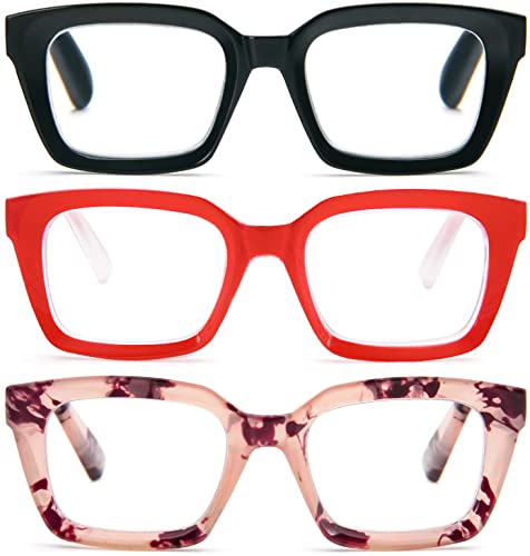 Image of REAVEE 3 Pack Oversized Reading Glasses for Women Men Blue Light Blocking, Ladies Stylish RetroSquare Large Computer Readers (Black /Red /Pink Leopard 2.25x)
