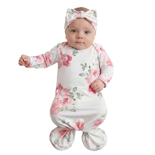 Image of Mikccer Baby Knotted Gown Newborns 0-6 Months, Soft Breathable Newborn Sleeper Gowns, Baby Girl Coming Home Outfit Essential Gift Watercolor Floral with Headband Set