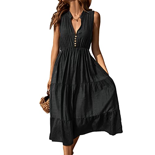 Image of BROVAVE Womens 2026 Summer Sleeveless Shirt Dress Collar Striped V Neck Casual Midi Dresses