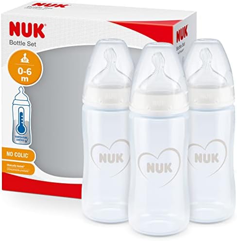 NUK First Choice+ Babyflasche im Set | 0–6 Monate | Temperature Control Anzeige | Trinksauger aus Silikon | Anti-Colic-Ventil | 150 ml | Grau und Weiß | 3 Stück