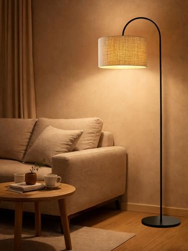 Image of Arc Floor Lamp for Living Room 60 inch Tall - Handwoven Jute Shade Standing Lamp - Matte Black Metal Corner Floor Lamp for Bedroom & Reading Corner - Japandi Boho Decor