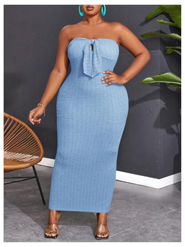 Image of WDIRARA Women's Plus Size Strapless Sleeveless Tie Front Bodycon Dress Party Club Tube Dresses