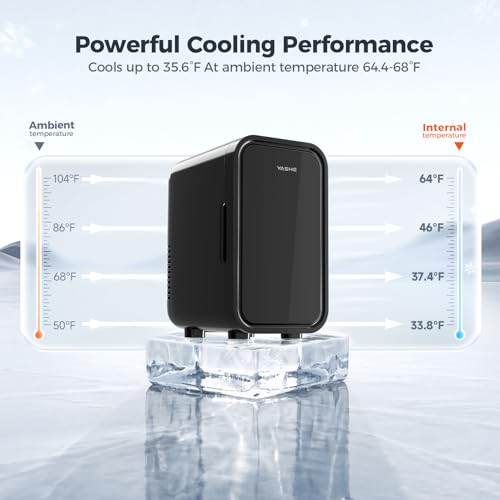 Image of YASHE Mini Fridge, 6 Liter /8 Can 110V AC /DC Portable Thermoelectric Cooler Refrigerators for Bedroom, Skincare, Beverage, Office, Dorm Room and Car, Black