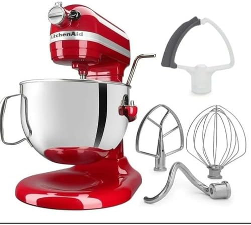 KitchenAid Stand Mixer with included attachments: flat beater, dough hook, wire whip, and flex edge beater