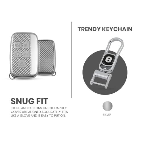 Image of keyzone Silverstar TPU Smart Key Cover with Keychain made for Jaguar XF, XJ, XE, F-PACE, F-Type, made for Range Rover Evoque, Velar, Discovery, LR4, Sport, 5-Button smart key (Silver)