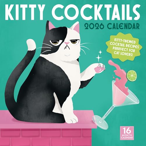 Kitty Cocktails 2026 Wall Calendar, 16-Month Funny Cat & Cocktail Illustrations by The London Studio, 12
