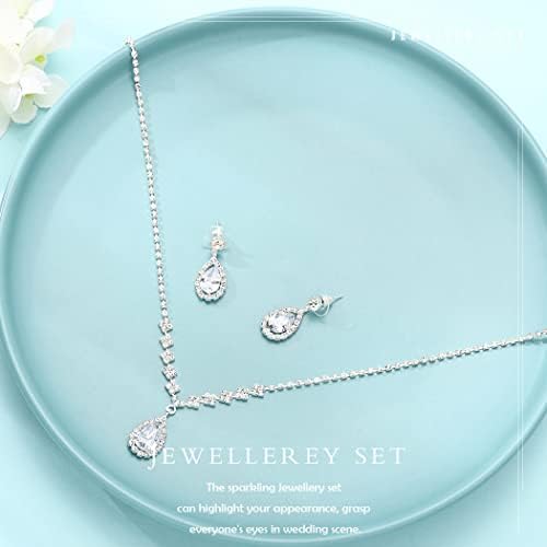 Ushiny Bridal Wedding Jewellery Set Silver Rhinestone Necklaces and Earrings Set Sparkly Crystal Dangle Drop Earrings Necklace Jewellery Set for Women and Girls
