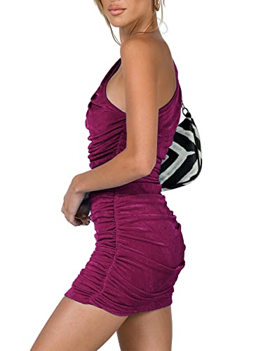 Image of LYANER Women's Sexy One Shoulder Ruched Sleeveless Bodycon Mini Short Dress