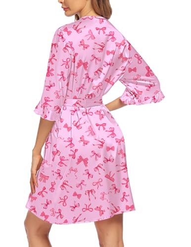 Image of Ekouaer Women's Satin Robe Valentines Lingerie for Women Kimono Bathrobe Short Ruffle Belted Robes Bridesmaids Sleepwear