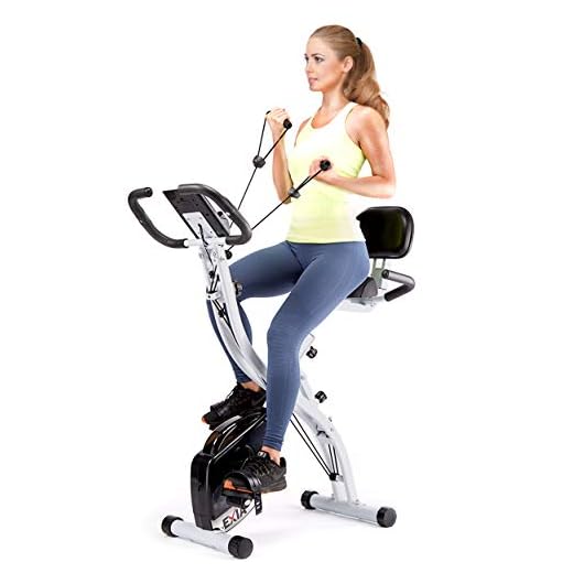 EXIA Folding Magnetic Exercise Bike with Pulse Sensor, Upright and Recumbent Stationary Bike with Arm Resistance Bands Ropes, 3 in 1 Cycling Indoor Trainer, Perfect for Indoor, Men, Women, and Senior