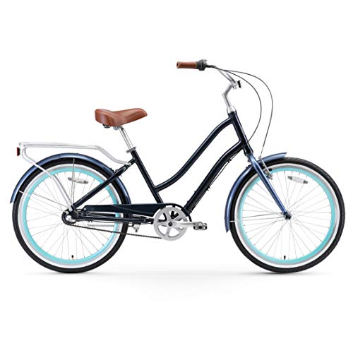 Sixthreezero Evryjourney Women's Hybrid Cruiser Bike, 3-Speed Step-Through Hybrid Bicycle, 14 Inch Frame, 24 Inch Wheels, Navy With Brown Seat And Grips #TOP1
